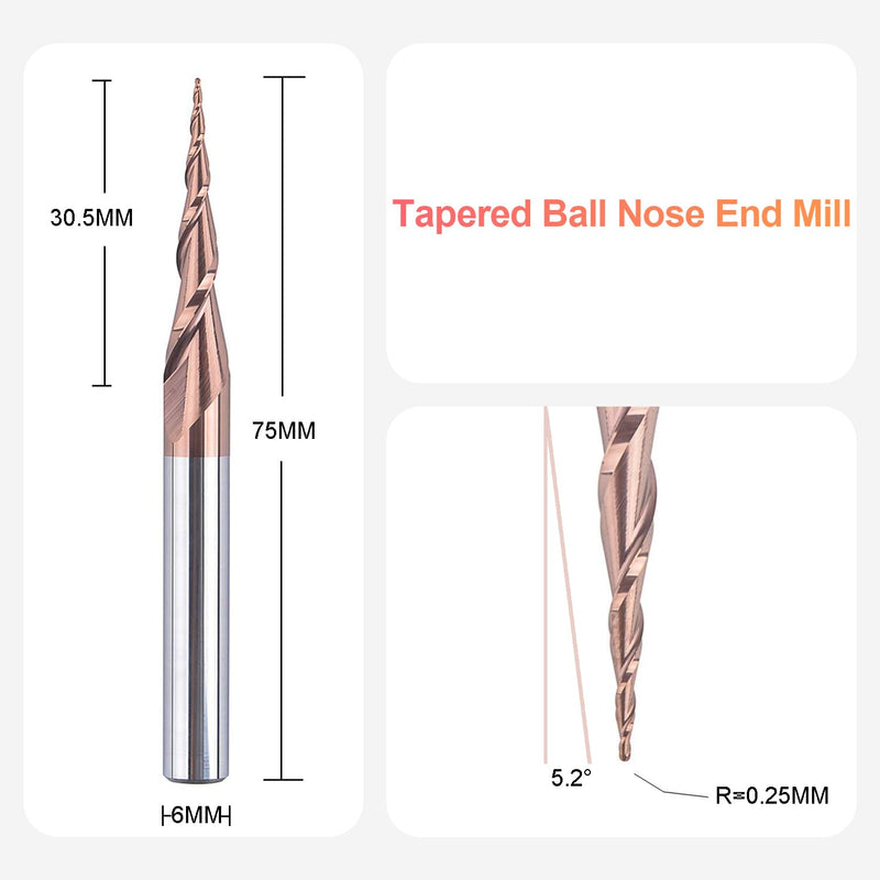 SpeTool Ball Nose Milling Cutter Conical Milling Cutter for CNC Router 2 Flutes 0.25 mm Radius Solid Carbide Engraving Cutter 6 mm Shank with HSi Coating End Mill for 2D and 3D Engraving