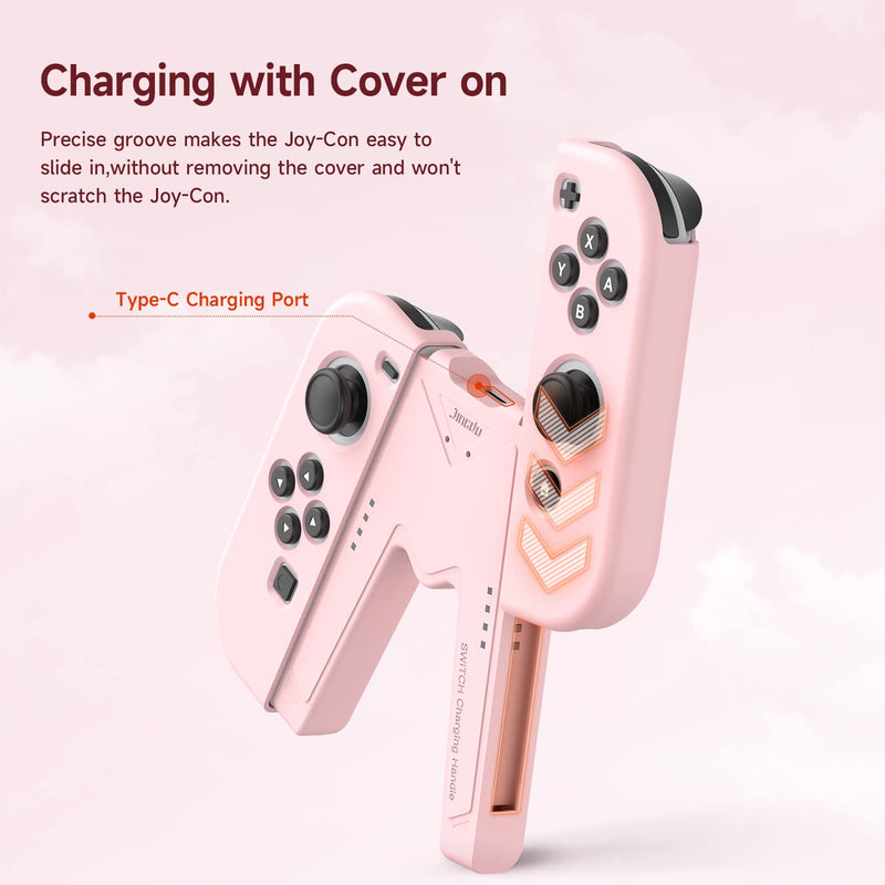 JINGDU Switch Joy-Con Charging Grip Compatible with Nintendo Switch Standard & OLED Model, V-Shaped Switch Joy-Con Controller Charger with Indicators, Play While Charging, Pink