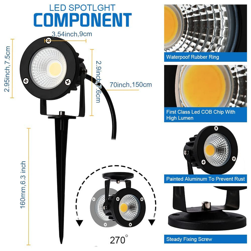 12W 2 Pack LED Spot Lights Indoor for Plants Uplights Spotlight Lamp Accent Lighting for Indoor Plants ,120V Landscape Lights Warm White Up Light 6FT Cord with US 3 Prong (Base and Stake Included)