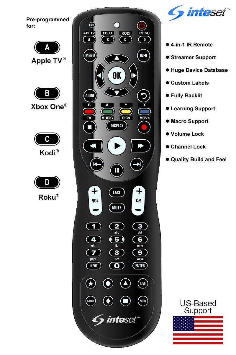 Inteset 4-in-1 Universal Backlit IR Learning Remote for use with Apple TV, Xbox One, Roku, Media Center/Kodi, Nvidia Shield, Most Streamers & Other A/V Devices