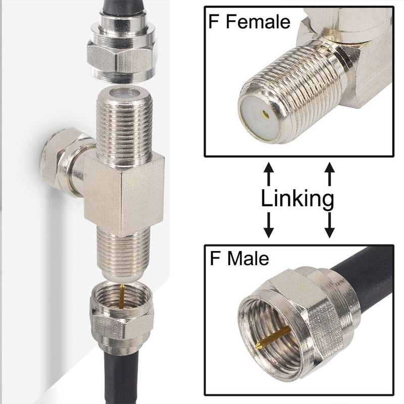 Kaunosta F-Type RG6 Coaxial Cable Connector Splitter Combiner 3 Way T-Shape F Male to Dual Female Coax Adapter for Satellite TV MATV CCTV and Related Consumer Television Products 2pcs
