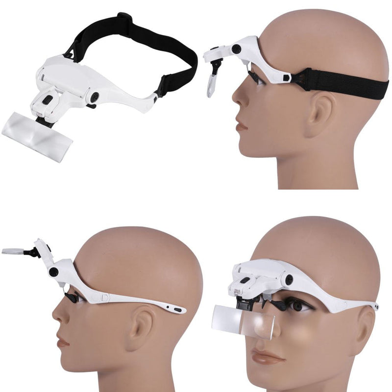 Headband Headset Magnifier, 5 Different Lenses Adjustable Loupe Visor Free Eyeglasses Bracket Interchangeable 2 LED Lights For Eye Lashes Extensions Tool