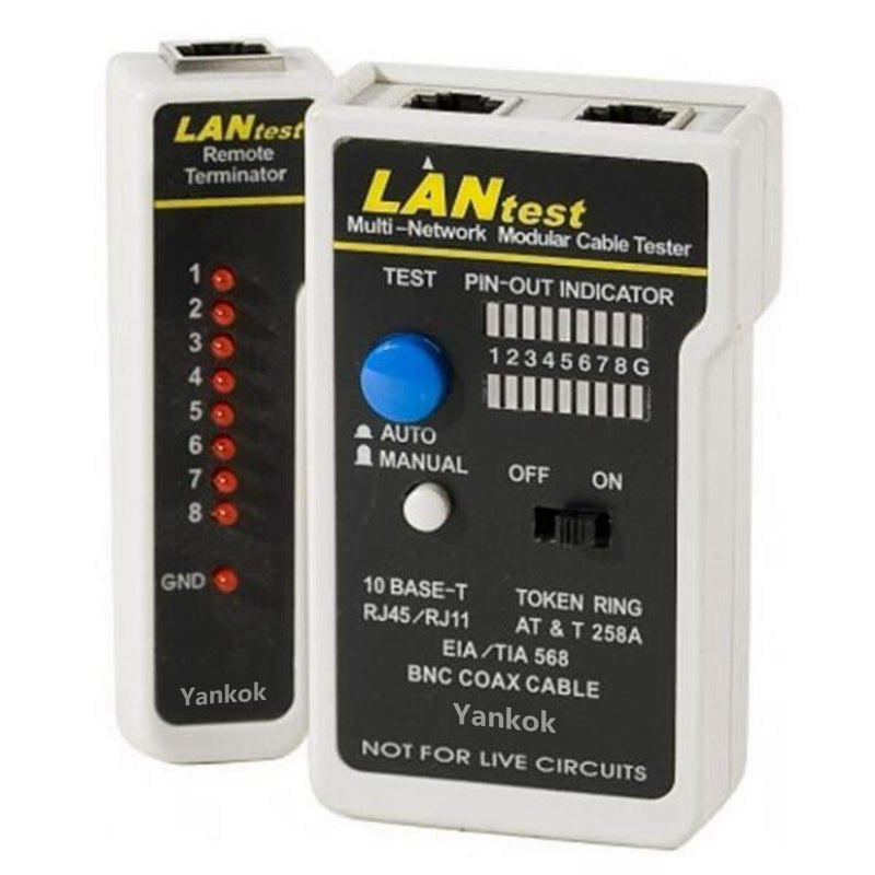 Yankok [Network Cable Tester] for 10Base-T, 10Base-2 Ethernet, RJ11/RJ12/RJ45 Modular Cables, 258A, TIA-568A/568B and Token Ring Cables (with 2x RJ-45-to-BNC Adapter, 1x BNC Connector, 1x Carry Pouch) RJ45 & COAX (Black)