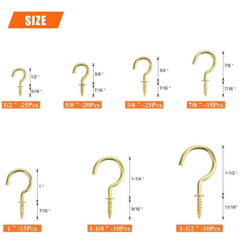 HELIFOUNER 120 Pieces 7 Sizes Brass Plated Steel Cup Hooks, Ceiling Hooks, Screw Hooks Kit