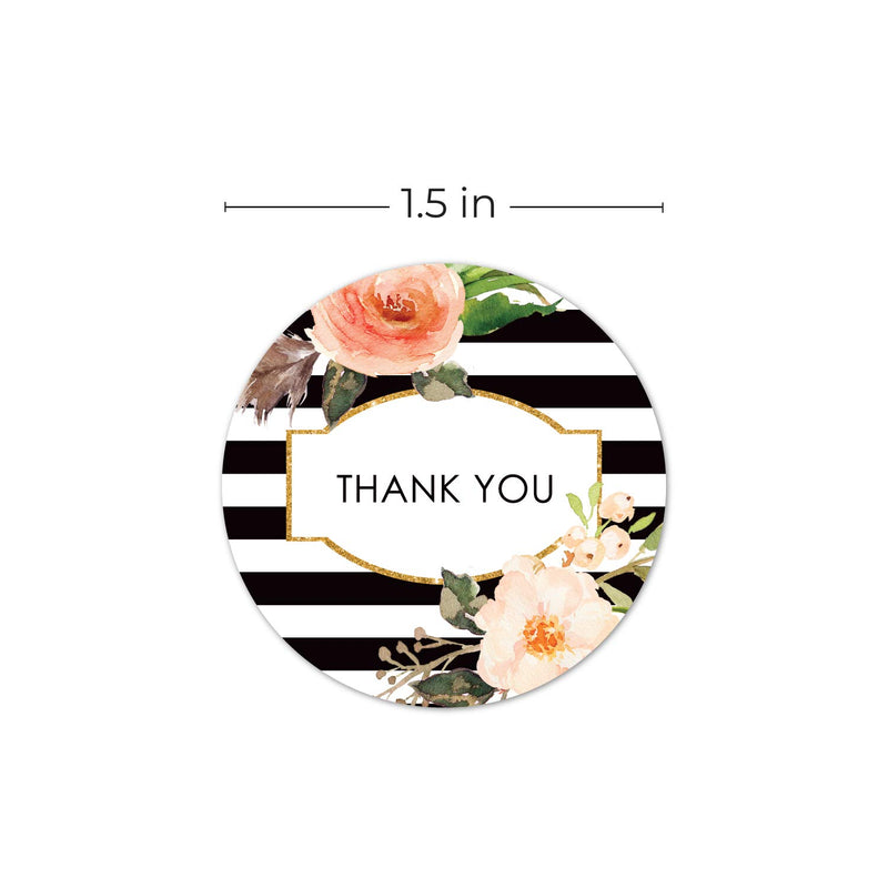 SBLABELS Black and White Stripe Floral Thank You Stickers / 1.5" Thanks Circle Labels / 500 Stickers Per Roll