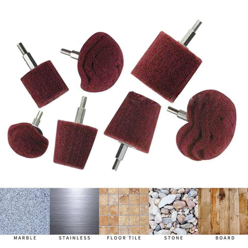 Grinding Head for Polishing Brush Shaped Scouring Pad - 7 Piece Red Fleece Grinding Drill Bit Set with 1/4" Handle for Manifold/Aluminum/Stainless Steel/Chrome etc.