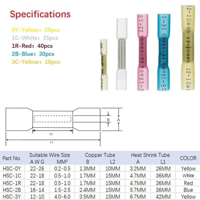 Heat Shrink Butt Connectors 128pcs Electrical Crimp Heat Shrink Wire Connectors Kit Marine Automotive Wire Crimp Terminals Butt Splice Set for 10~12 14~16 18~22 24-26AWG butt connectors-128pcs