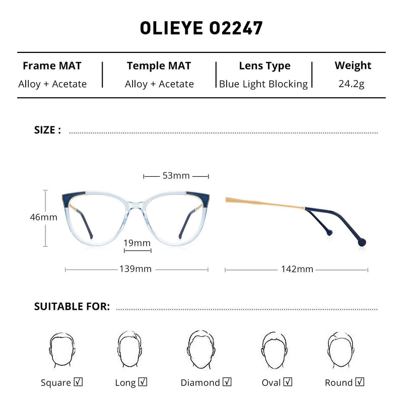 OLIEYE Cateye Blue Light Blocking Glasses Fashion Women Anti Eye Strain Computer Eyeglasses Frames Anti UV Clear Lens Tra-blue 53 Millimeters