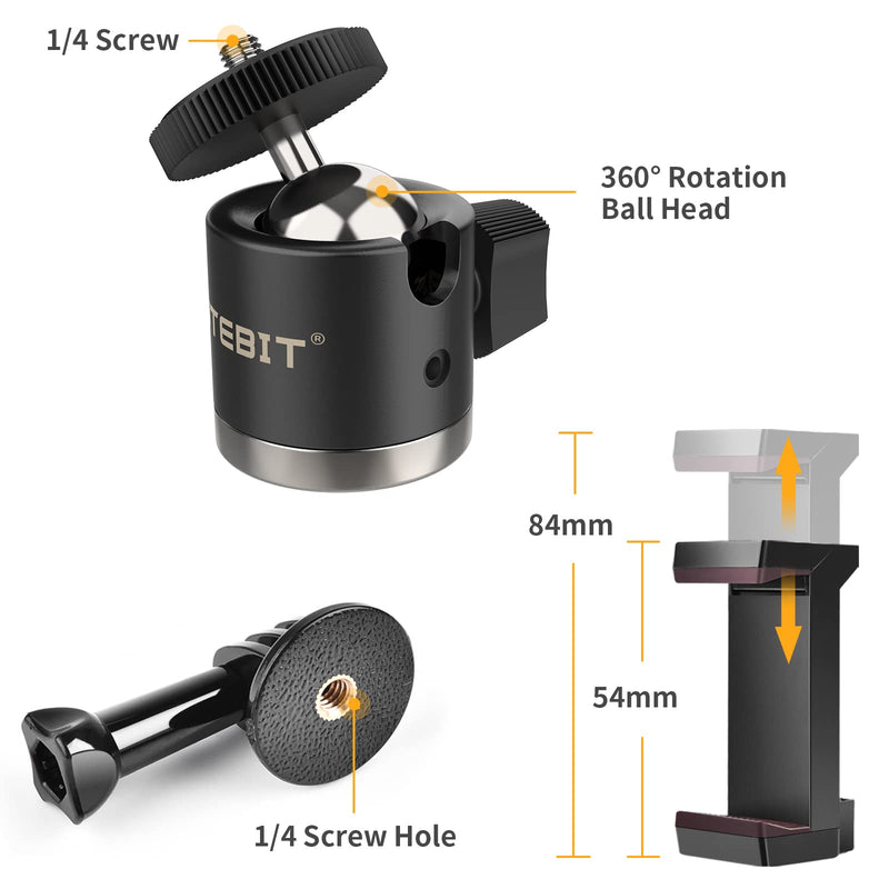 UTEBIT Magnetic Camera Mount 1/4 Screw Vertical Suction 44lb with Action Camera Adapter & Phone Holder 360° Swivel Mini Tripod Ball Head Max Load 3kg Compatible with GoPro Webcam Phone Vlogging