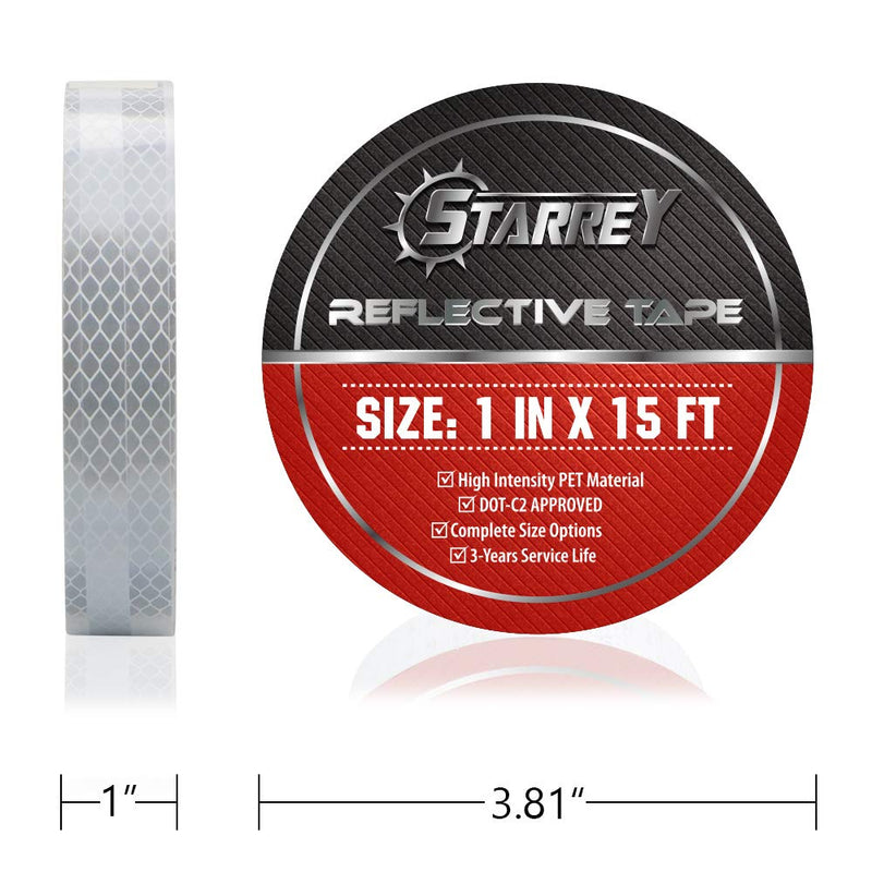 Starrey Reflective Tape 1 inch Wide 15 FT Long DOT-C2 High Intensity White - 1 inch Trailer Reflector Safety Conspicuity Tape for Vehicles Trucks Bikes Cargos Helmets 1IN X 15FT