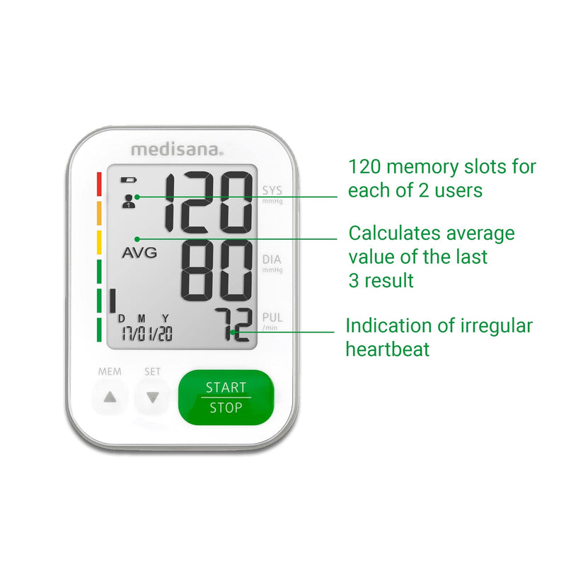 medisana BU 565 blood pressure monitor for the upper arm, precise blood pressure and pulse measurement, memory function, large display for easy reading, traffic light scale, arrhythmia detection & warning
