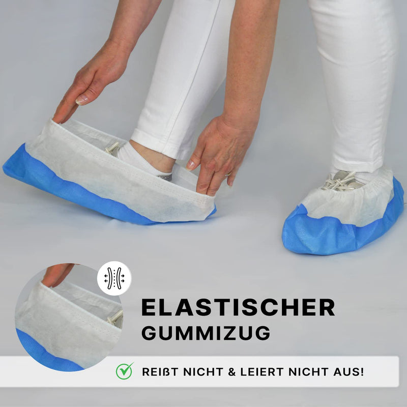 50x ARNOMED disposable shoe covers blue/white, overshoes with waterproof sole, reusable CPE+PP overshoes extra strong, shoe protection cover non-slip 17x40cm, tear-resistant overshoes for construction sites 050 pieces