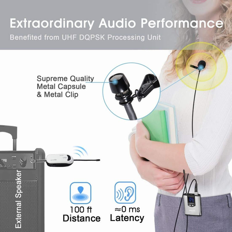 Wireless Headset Lavalier Microphone System -Alvoxcon Wireless Lapel Mic Best for IPhone, DSLR Camera, PA Speaker, Youtube, Podcast, Video Recording, Conference, Vlogging, Church, Interview, Teaching Single Mic Silver