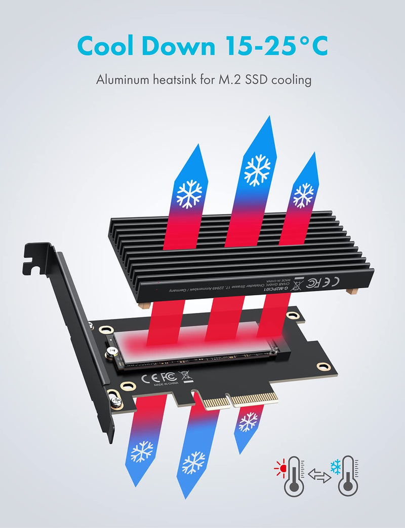 GRAYEAR | M.2 PCIe 4.0 card | for M.2 NVMe SSD | M key | 4X silicone thermal pads | Large aluminum heatsink | 2280, 2260, 2242, 2230 | High + low profile slot bracket | G-M2PCI01