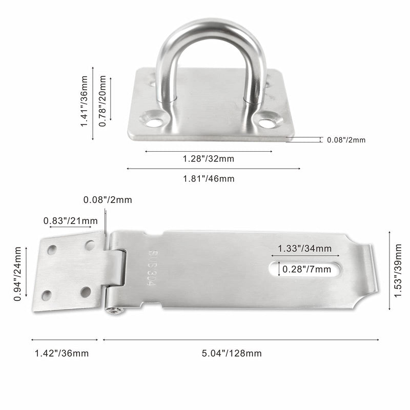 Door Hasp Padlock Latch Lock, 5 Inch SUS 304 Stainless Steel Thicken Safety Hasp Lock Latch for Door Sheds Closets Lockers, Brushed Finish (5inch Silver) 5"(Hasp Silver)