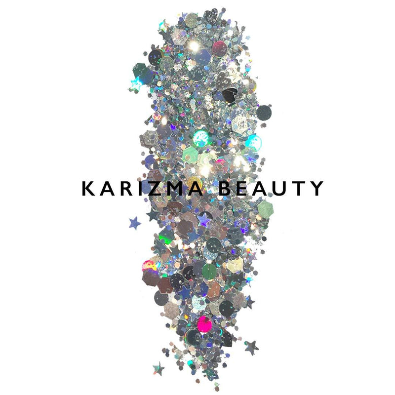 Silver Holographic Chunky Glitter âœ® KARIZMA Beauty âœ® 10g Festival Glitter Cosmetic Face Body Hair Nails Silver Holographic