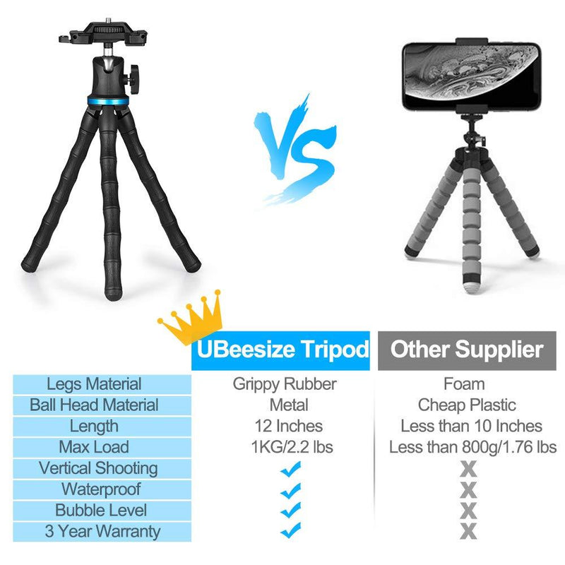 UBeesize 12’’ Flexible Cell Phone Tripod Stand Holder with Wireless Remote Shutter & Universal Phone Mount, Compatible with Smartphone/DSLR/GoPro Cameras Black