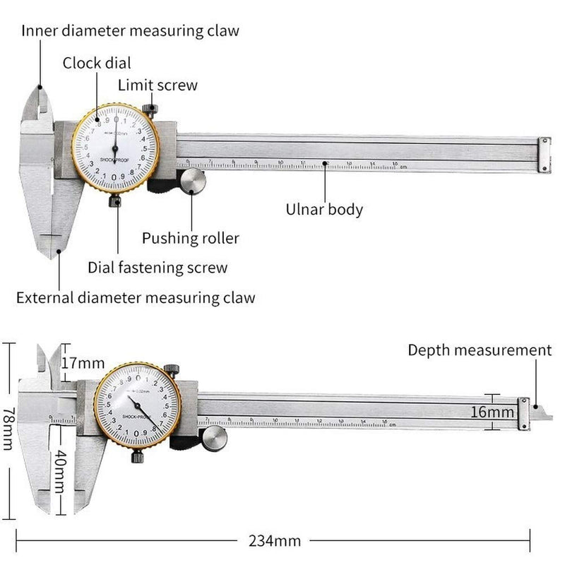 LYFJXX Dial Calipers 0-15cm(0-6") Range with 0.02mm (0.001" )High Precision Industry Stainless Steel Vernier Caliper Shockproof Metric Measuring Tool