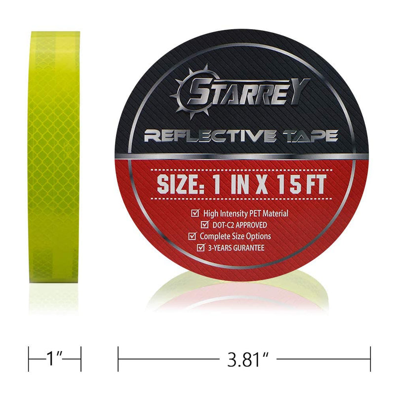 Starrey Reflective Tape 1 inch Wide 15 FT Long DOT-C2 High Intensity Fluorescent Yellow - 1 inch Trailer Reflector Safety Conspicuity Tape for Vehicles Trucks Bikes Cargos Helmets 1IN X 15FT