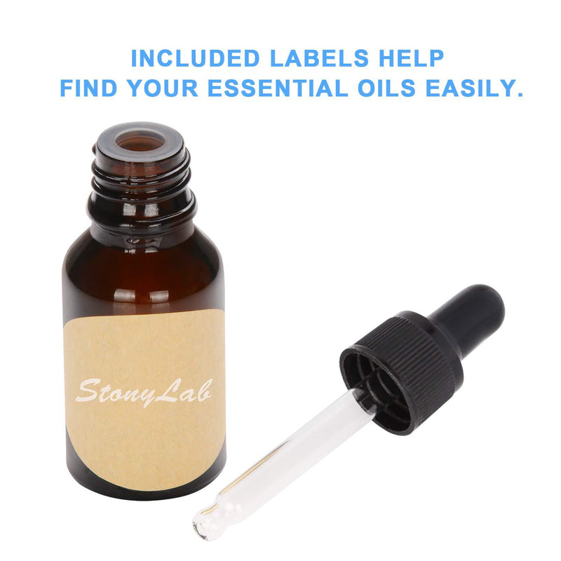 StonyLab 15ml (0.5 oz) 6-Pack, Amber Glass Dropper Bottle, Brown Empty Glass Bottle with Glass Dropper, Inner Plug and Label for Essential Oils Aromatherapy Fragrances 6 Pack