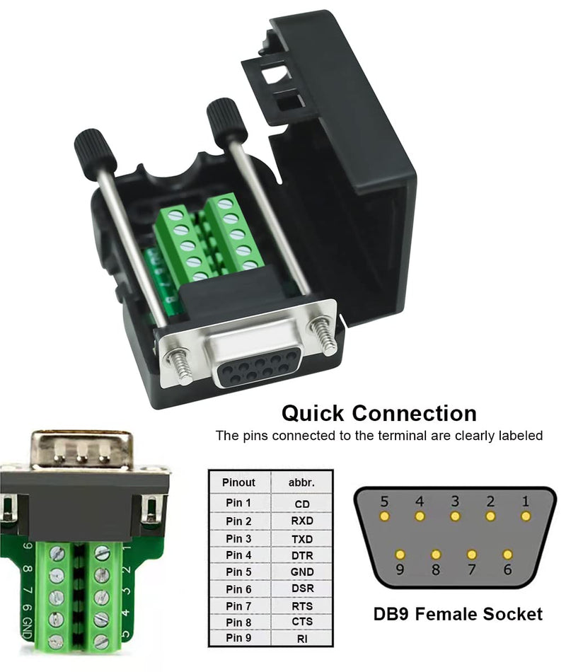 DTECH DB9 Breakout Connector DB-9 Female RS232 Serial Adapter Solderless Module Board with Screw Terminals Block, Case, Long Bolts and Tail Pipes (DB9 Female + Long Bolts) DB9 female + long bolts