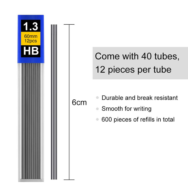 Coopay 480 Pieces Lead Refill 1.3 mm HB Break Resistant Mechanical Pencil Lead, 12 Pack Per Tube, 40 Tubes (1.3 mm)