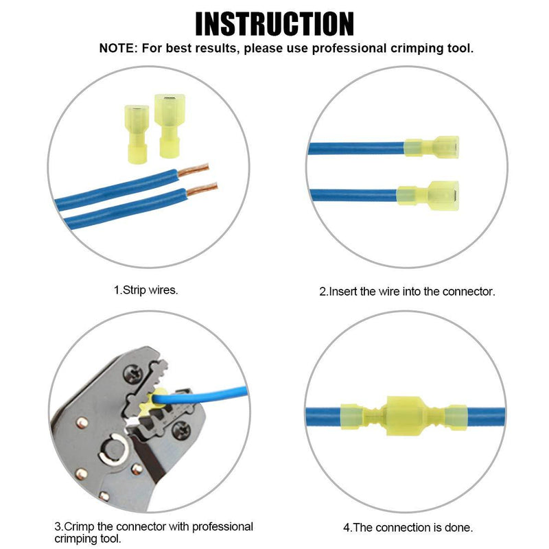 Glarks 100pcs 12-10 Gauge Fully Insulated Female Male Spade Nylon Quick Disconnect Electrical Insulated Crimp Terminals Connectors Assortment Kit Yellow