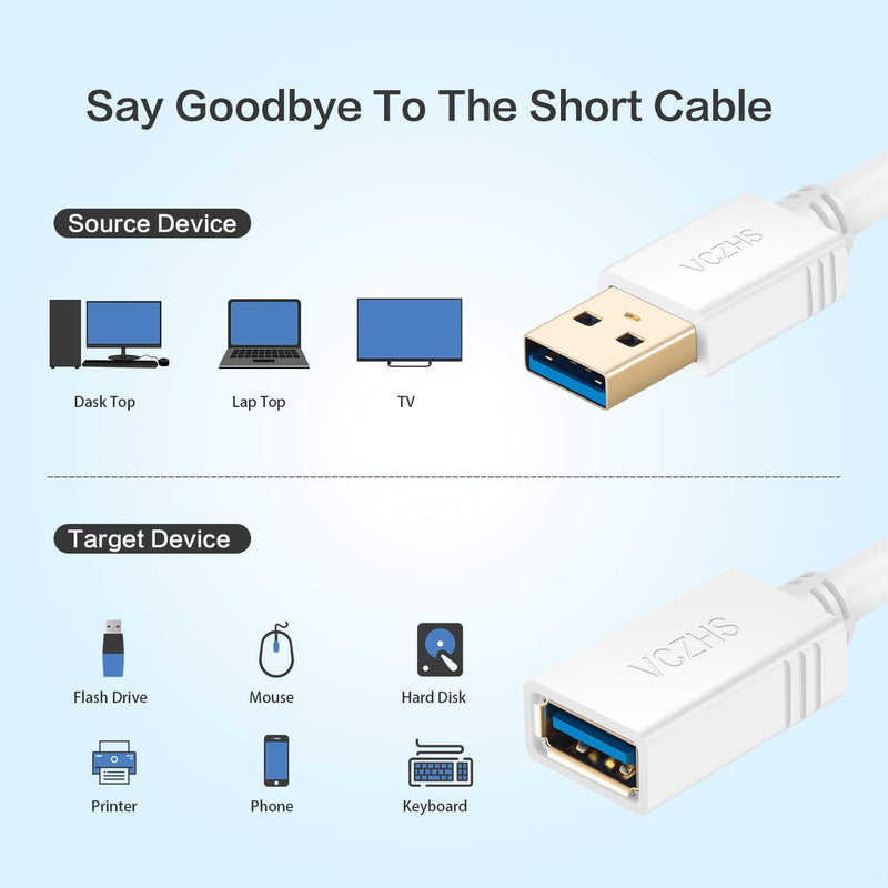 Short USB 3.0 Extension Cable White 1 ft, VCZHS USB 3.0 Male to Female Extension Cable USB 3.0 Extender Cord 1FT