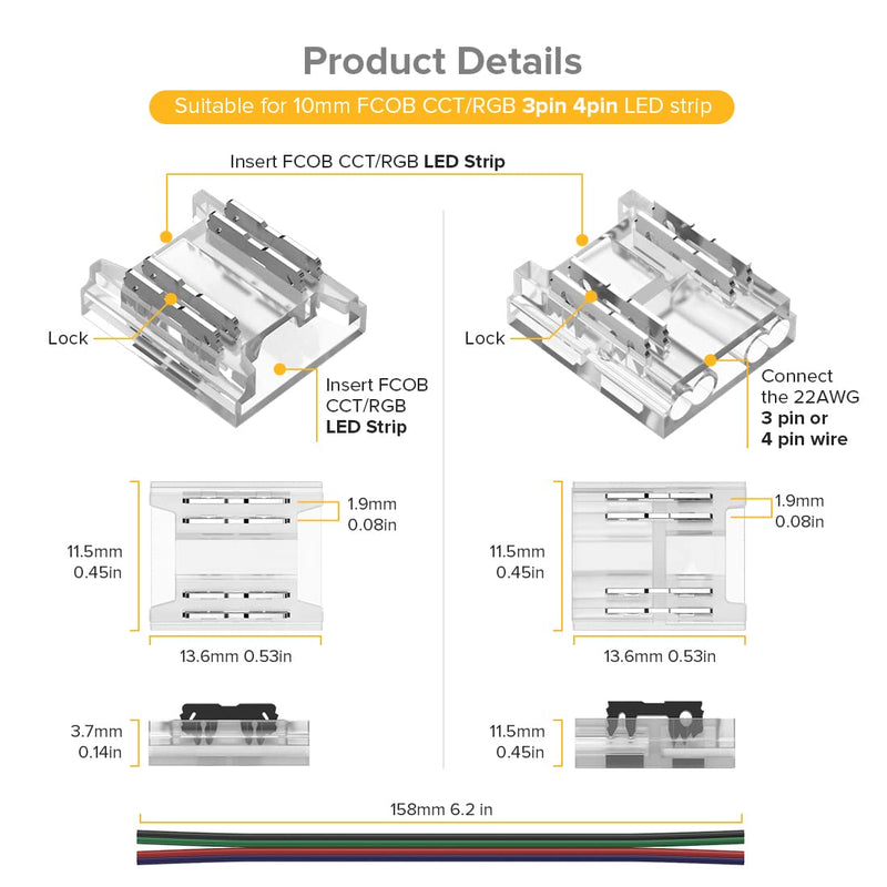 BTF-LIGHTING FCOB CCT RGB 4pin 10mm Connector kit 12pcs Transparent Connector 6pcs 15cm long 22AWG extension cable wire/board to board for gap-free soldering and 4pin LED light corner connection