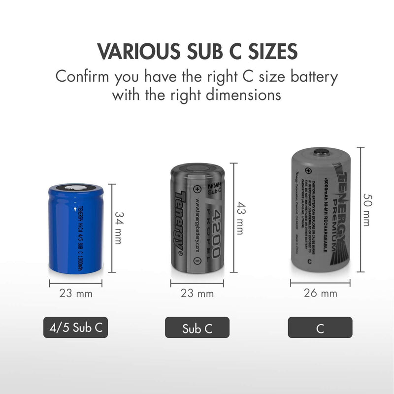 Tenergy 4/5 SubC 1300mAh NiCD Rechargeable Batteries, Flat top - 15 Pack