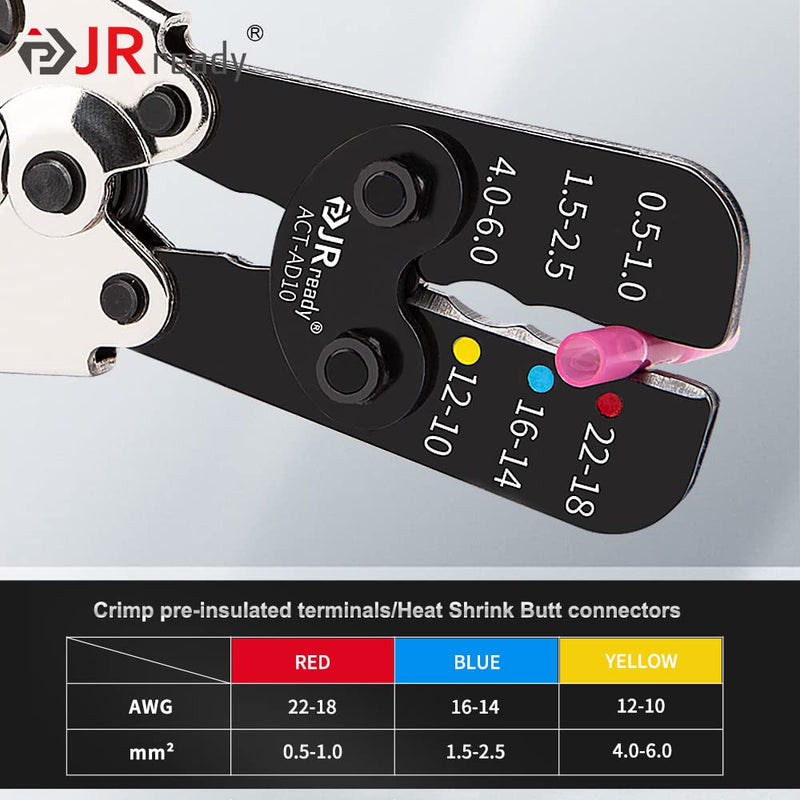 JRready heat shrink Crimping Tool Kit, Ratcheting wire crimper for Insulated Terminals and butt splices in Wire 22-18, 16-14, 12-10AWG. Hand Crimping Pliers ACT-AD10 ACT-AD10 Crimper