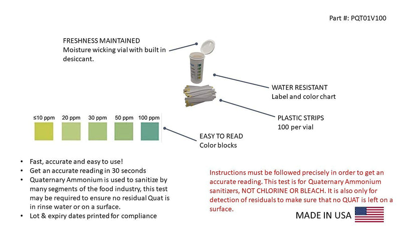 Low Level Residual Quaternary Ammonium (QAC, Multi Quat) Test Strips, 0-100 ppm [Vial of 100 Strips]