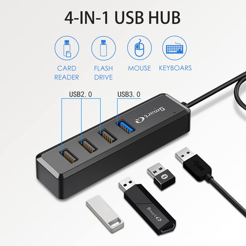 SmartQ USB Hub with 1 USB 3.0 + 3 USB 2.0 Total 4 Ports for MacBook, Mac Pro, Mac Mini, iMac, Surface Pro, XPS, PC, Flash Drive, Mobile HDD, and More (1 ft) 1 ft