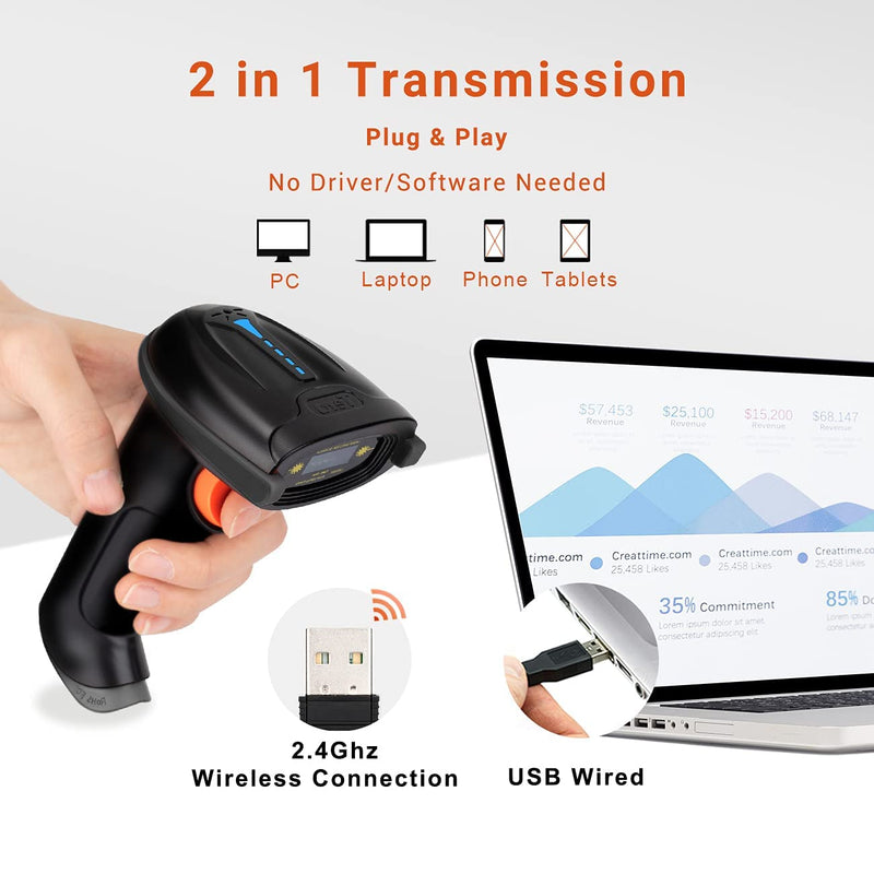 Tera Barcode Scanner Wireless Versatile 2-in-1 (2.4Ghz Wireless+USB 2.0 Wired) with Battery Level Indicator, 328 Feet Transmission Distance Rechargeable 1D Laser Bar Code Reader USB Handheld (Black) Black