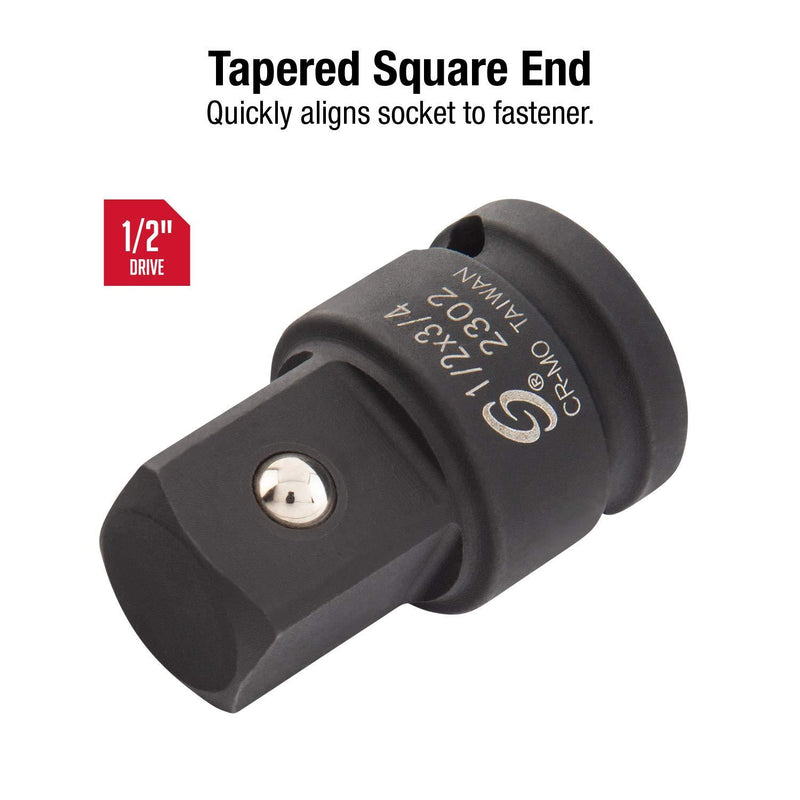 Sunex 2302, 1/2 Inch Drive, 1/2" Female x 3/4" Male Impact Adapter, Cr-Mo Steel, Ball Detent, Tapered Square End, Meets ANSI Standards