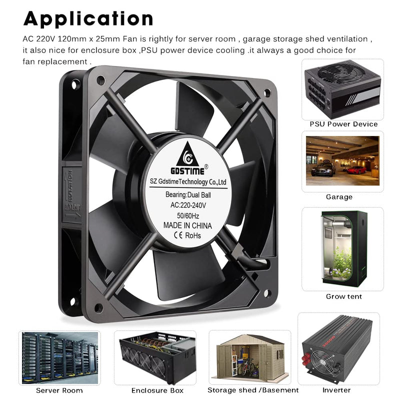 GDSTIME 120mm Fan 230V Fan 120 x 25mm 220V Fan Dual Ball Bearing AC 240V Brushless Cooling Fan