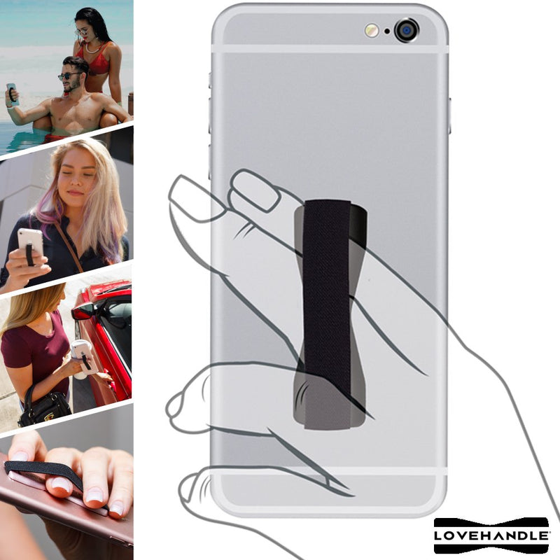 LOVEHANDLE Phone Grip for Most Smartphones and Mini Tablets, Black Elastic Strap with Black Base, LH-01Black
