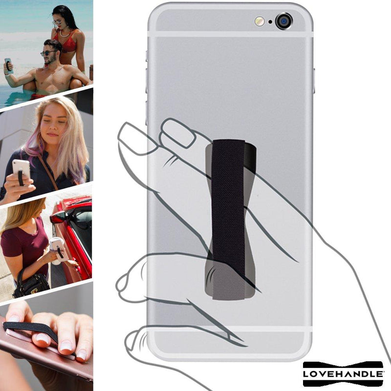 Love Handle Cell Phone Grip Holds Device with just a Finger - Ultra Slim Pocket Friendly Finger Strap for iPhone and Mini Tablet - Grip it Securely for Texting, Photos and Selfies (Black 2-Pack)