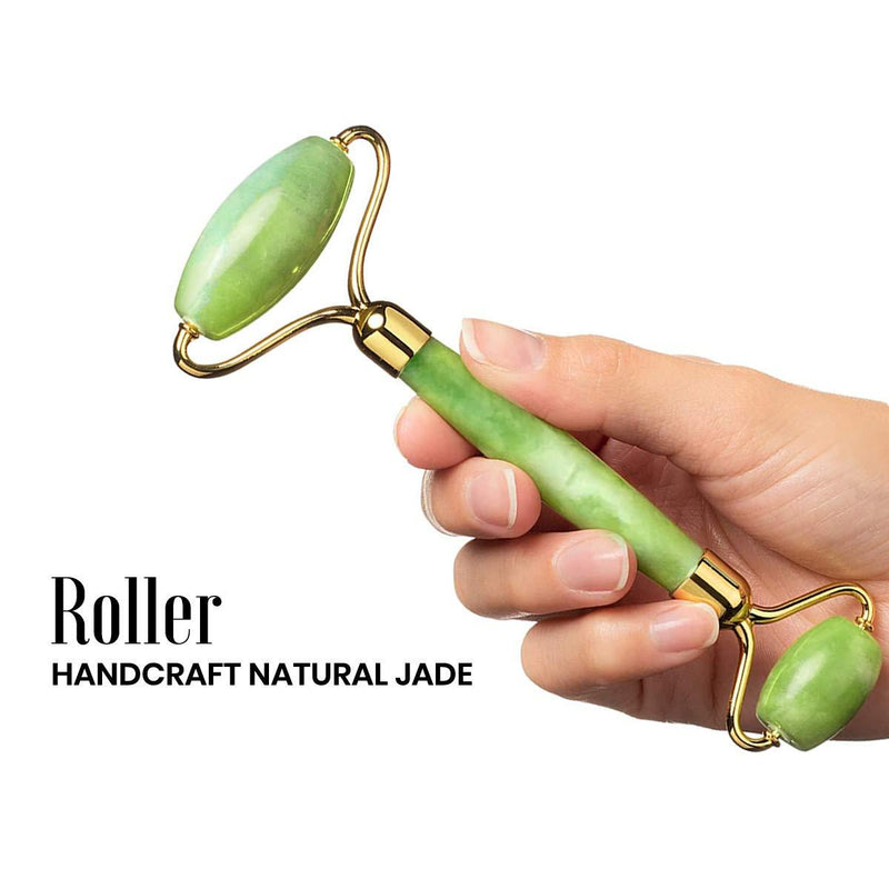 RoselynBoutique Jade Roller Gua Sha Massage Tool Set - Beauty Facial Skin Roller Massager Muscle Relaxing Relieve Wrinkles - Original Natural Jade Stone… Green