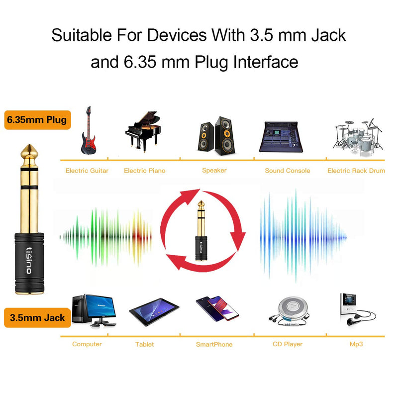 TISINO 3.5mm to 1/4 Stereo Adapter, 1/8 inch Female to 1/4 inch Male Aux Jack Converter Headphone Adapter - Black, 2PCS 1/4 Male-1/8 Female 2PCS