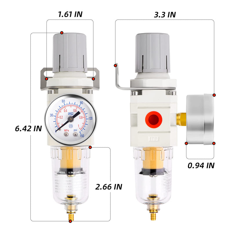 TAILONZ PNEUMATIC 1/4 Inch NPT Air Filter Pressure Regulator Combo Piggyback, Air Tool Compressor Filter with Gauge AW2000-02 1/4"NPT Manual Drainage