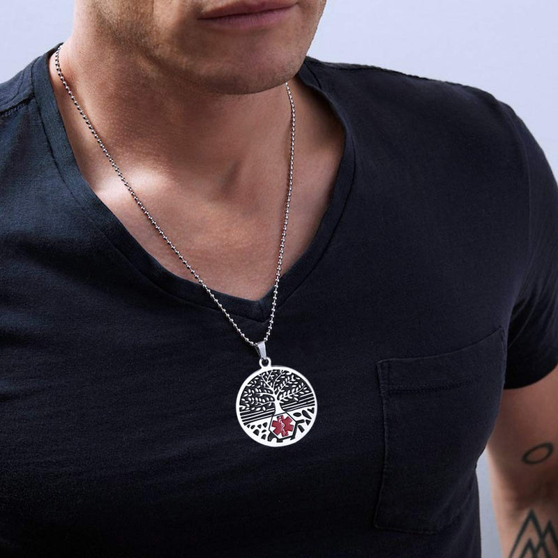 RENYILIN Stainless steel tree of life medical alert ID emergency first aid necklace ASTHMA