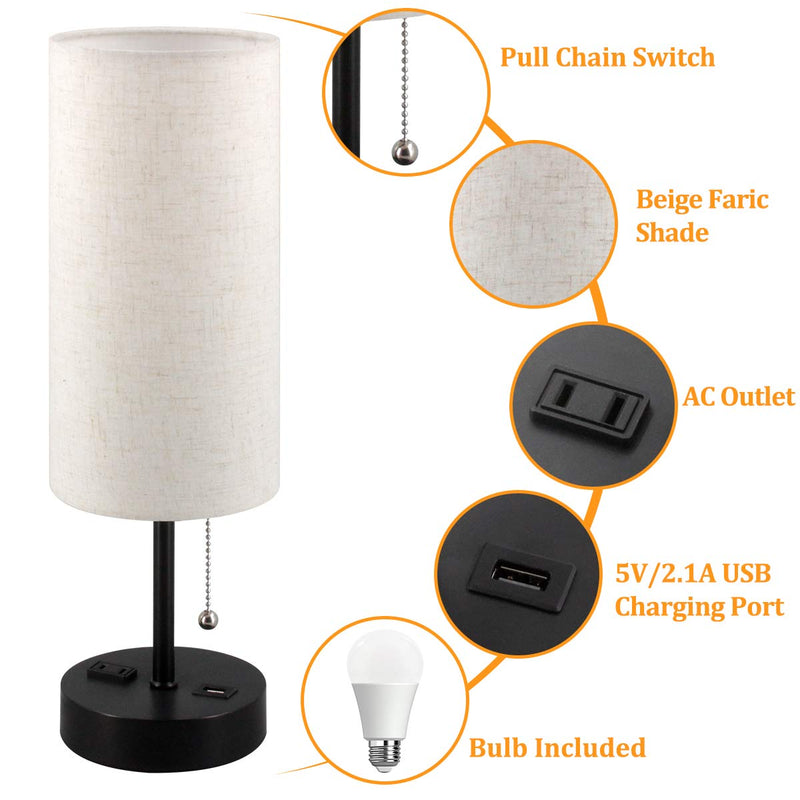 USB Bedside Table Lamp, 2700K 4000k 5000K Nightstand Lamp with Pull Chain, Bedside Lamp with USB Port & AC Outlet, Table Lamps for Bedrooms Living Room, Bulb Included, Fabric Linen Lamp Shade, 1PK Black