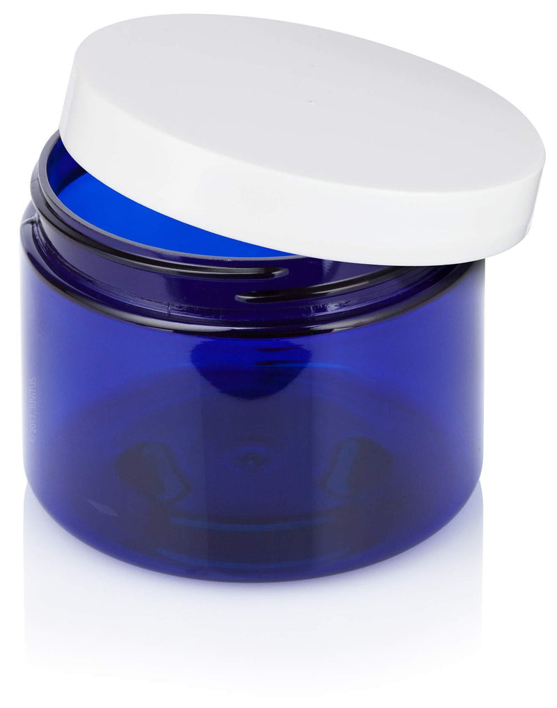 Cobalt Blue PET Plastic (BPA Free) Refillable Low Profile Jar with White Lid - 6 oz (6 Pack)
