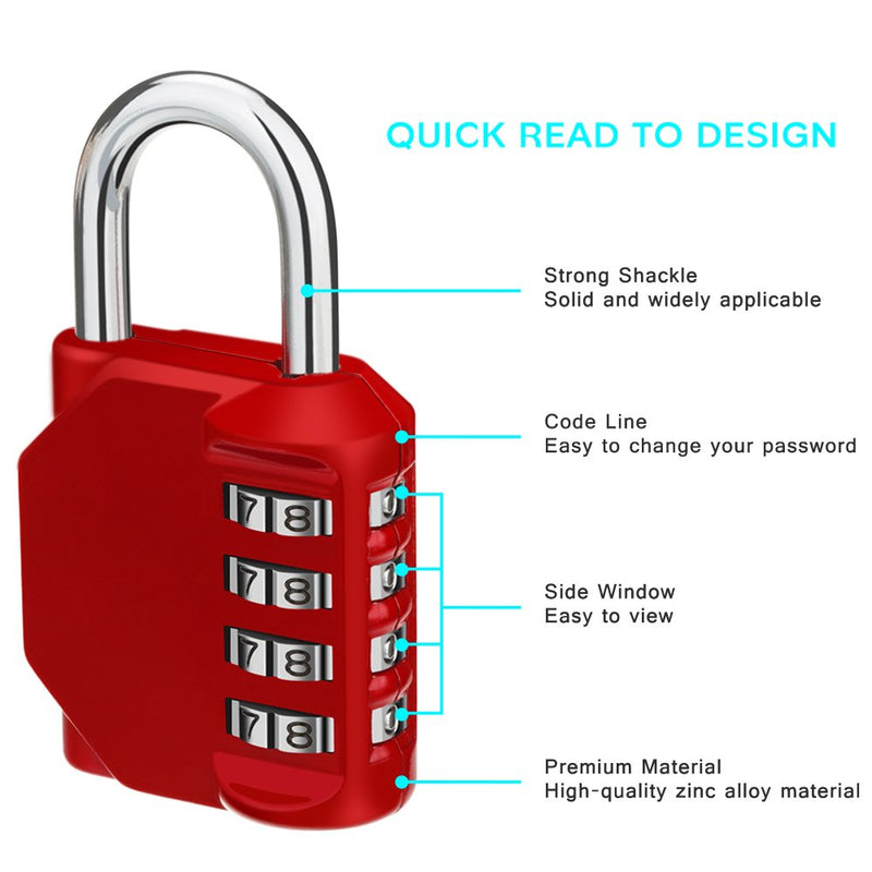 ZHEGE Combination Lock, 4 Digit Outdoor Combination Padlock for Gym, School, Gates, Doors, Hasps and Storage (Red) Red1
