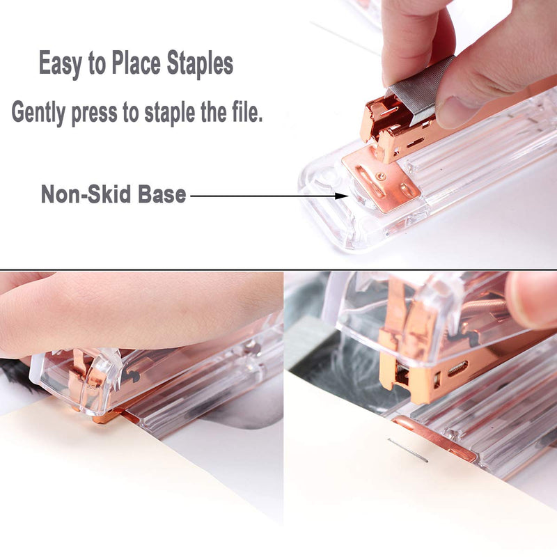 Rose Gold Desk Accessories Set - Transparent Rose Gold Acrylic Desktop Stapler with 1000 PCS Rose Gold Staples and 15 Pieces Blinder Clips for Home School Office Supplies Stationery Desk Accessory