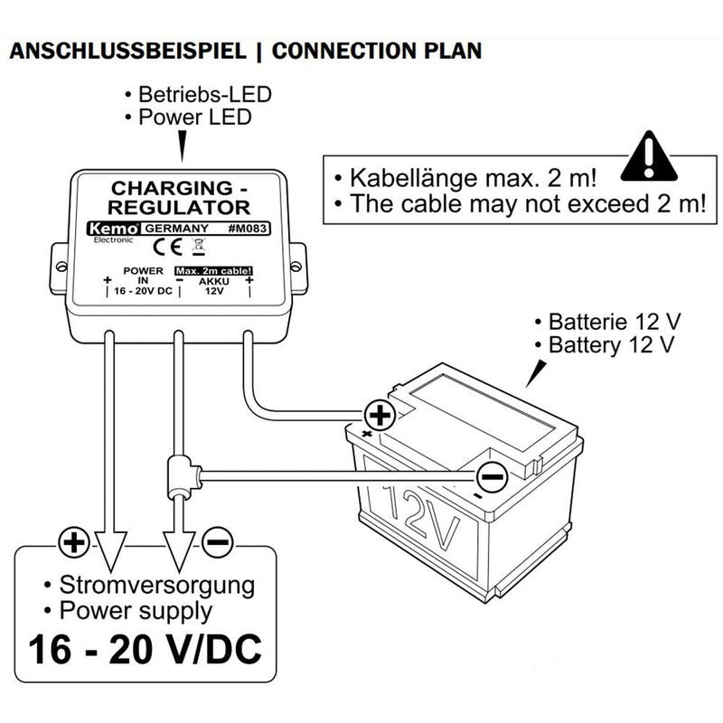 Kemo M083 battery charge controller 12 V/DC Monitors the charge status of a 12 V car battery, automatic recharging when the battery voltage drops. Input voltage 16 - 20 V/DC (solar panel or power supply)