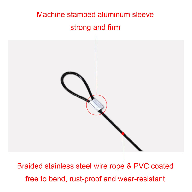 DSBGKJI 20 PCS 7.8"(20cm) Stainless Steel Wire Rope Lanyard Cable Tether Safety Strap, 2 Loops w/ Black Coating for Loss Prevention,Locking,Hanging Picture,Light,Objects