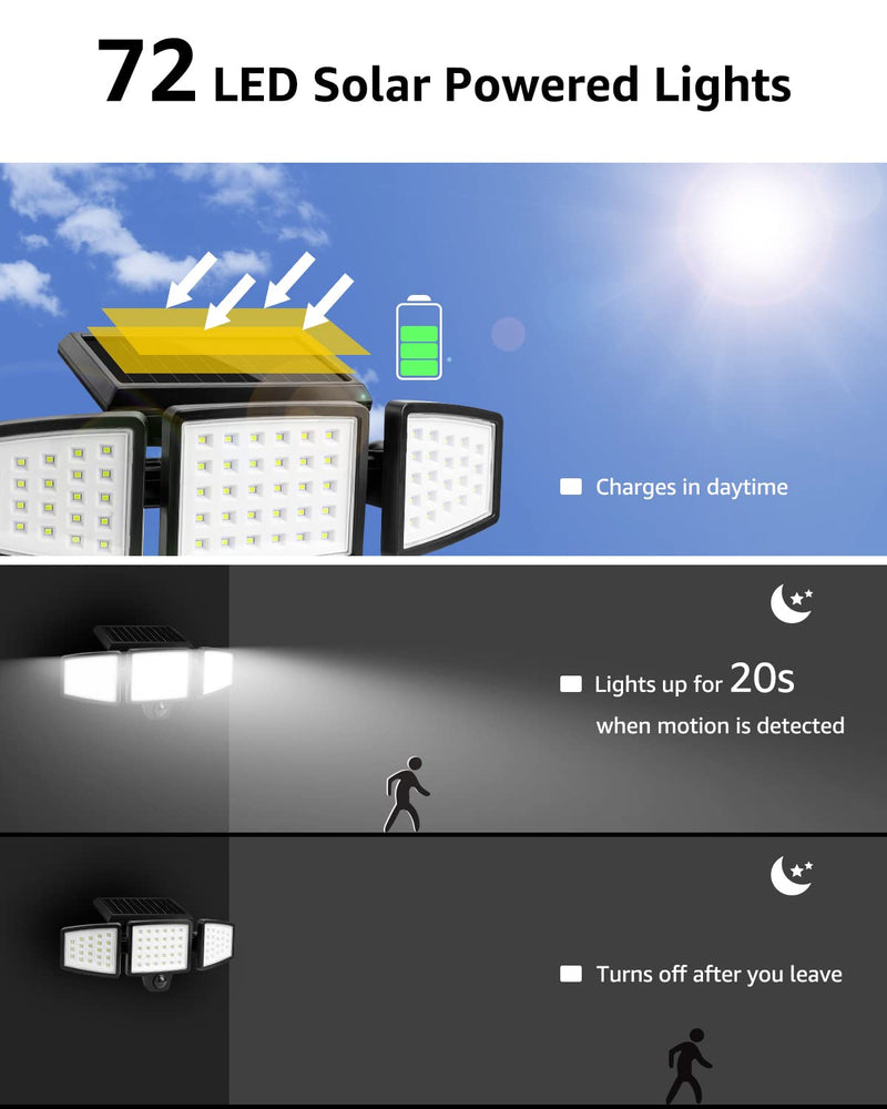 LE Solar Motion Lights Outdoor, Security Flood Lights, 1000LM High Brightness, 3 Adjustable Heads 270° Wide Lighting Angle, IP65 Waterproof, Wireless Wall Lamp for Porch Yard Garage Pathway 1