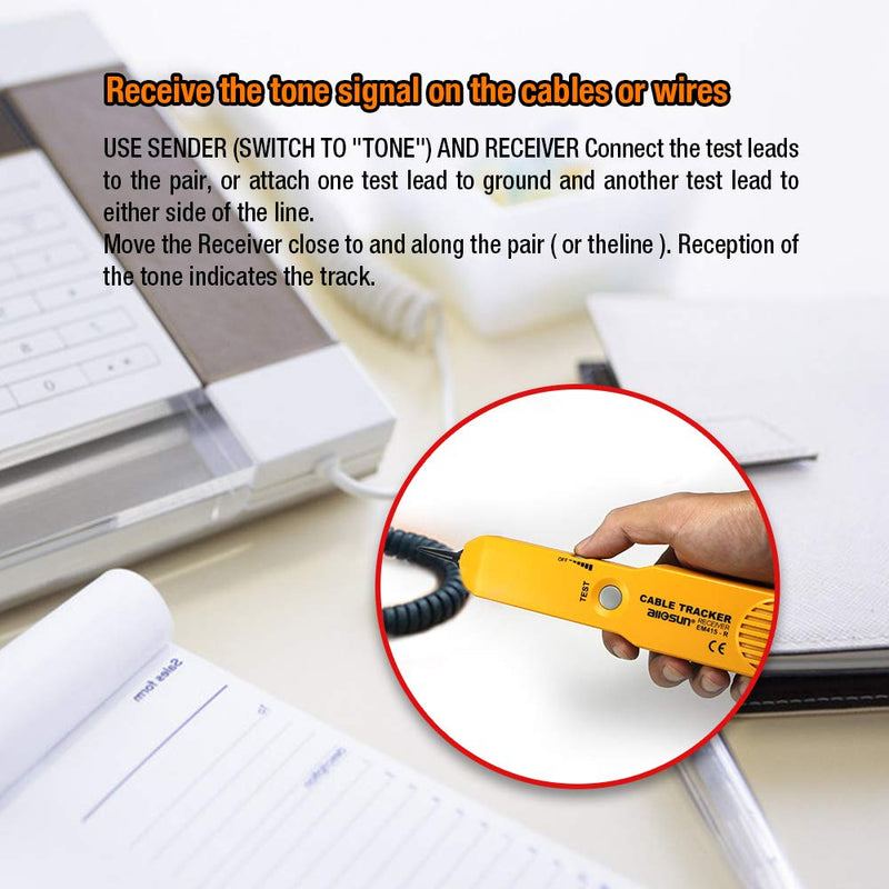 allsun Wire Tracker Telephone Network Probe Circuit Breaker Finder RJ11 Cable Finder Tone Generator Probe Tracker Cable Detector Line, Continuity Checking,Yellow